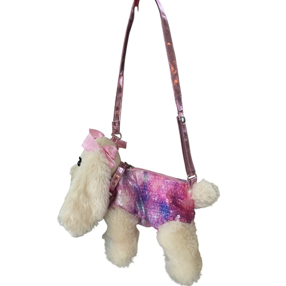 Poochie & Co Plush Dog Purse Sequins Pink Purple Sparkle Star Bow‎
